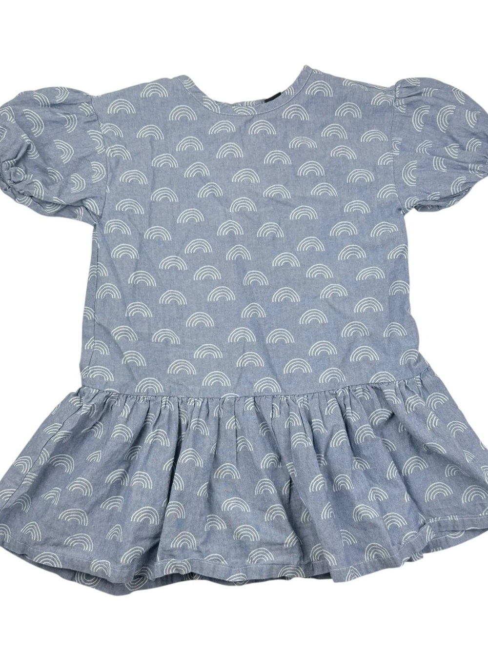 Tea Collection Chambray Blue Rainbow Puff Sleeve Dress